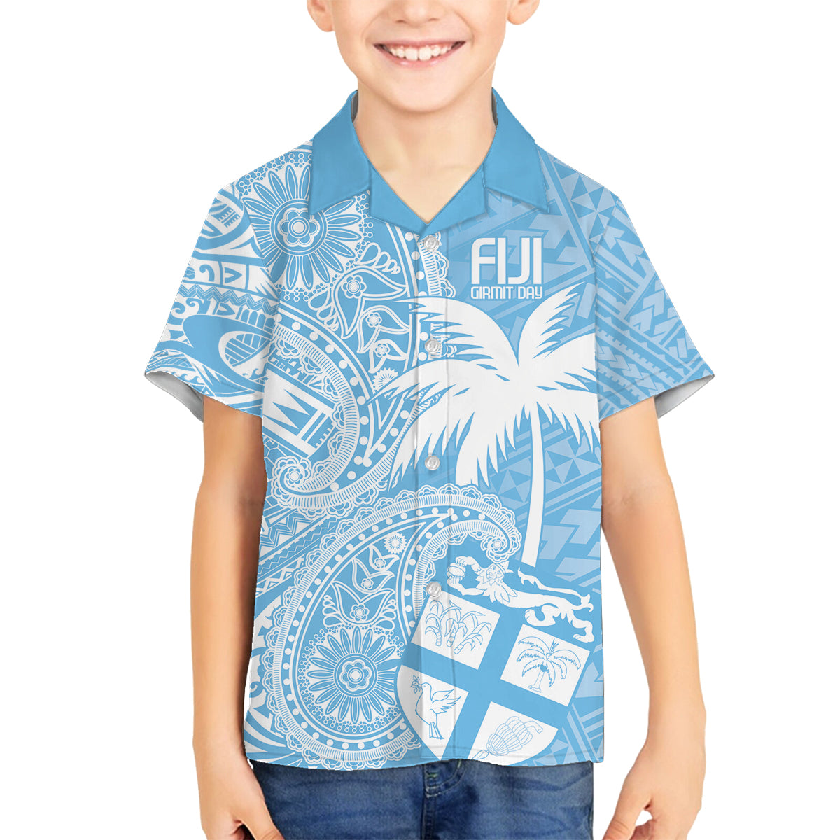 Custom Indo Fijians Family Matching Tank Maxi Dress and Hawaiian Shirt Fiji ke Hindustani Polyneisan Paisley Blue Style LT9 Son's Shirt Blue - Polynesian Pride
