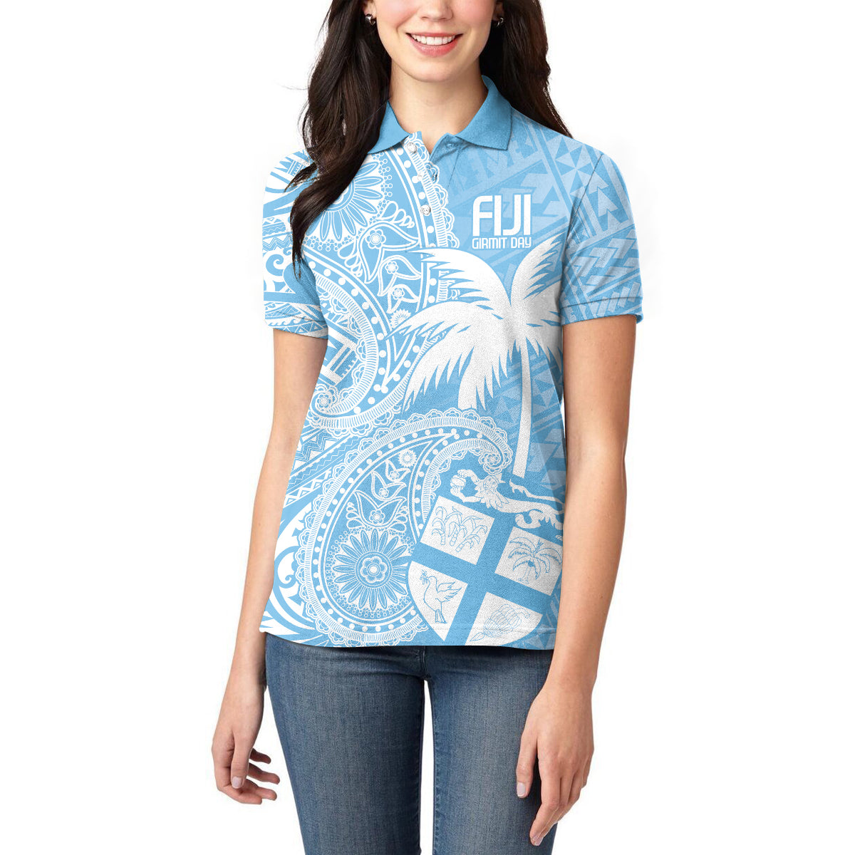 Custom Indo Fijians Women Polo Shirt Fiji ke Hindustani Polyneisan Paisley Blue Style LT9 - Polynesian Pride