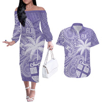 Custom Indo Fijians Couples Matching Off The Shoulder Long Sleeve Dress and Hawaiian Shirt Fiji ke Hindustani Polyneisan Paisley Purple Style LT9 Purple - Polynesian Pride