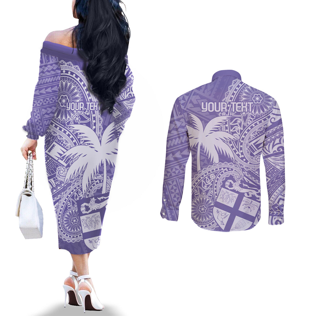 Custom Indo Fijians Couples Matching Off The Shoulder Long Sleeve Dress and Long Sleeve Button Shirt Fiji ke Hindustani Polyneisan Paisley Purple Style LT9 - Polynesian Pride