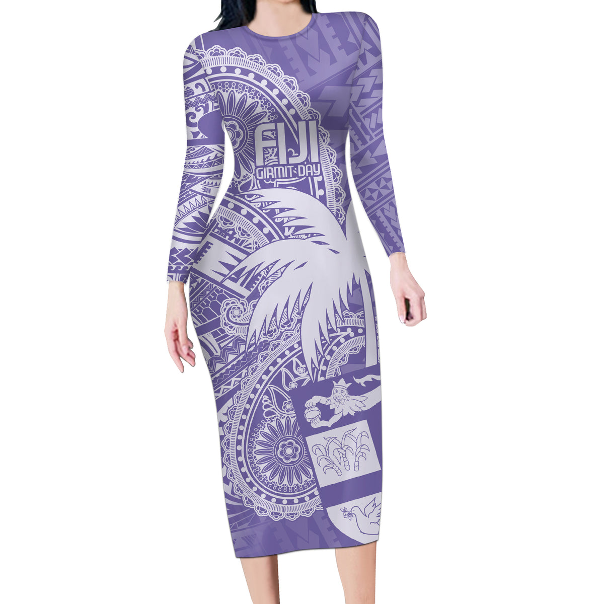 Custom Indo Fijians Long Sleeve Bodycon Dress Fiji ke Hindustani Polyneisan Paisley Purple Style LT9 Long Dress Purple - Polynesian Pride