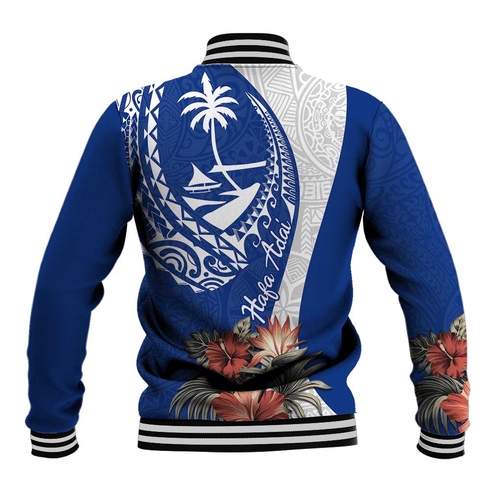 Blue Guam Hafa Adai Baseball Jacket Tropical Flowers with Polynesian Pattern