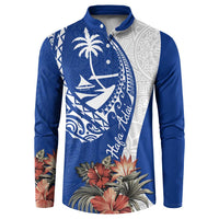 Blue Guam Hafa Adai Button Sweatshirt Tropical Flowers with Polynesian Pattern