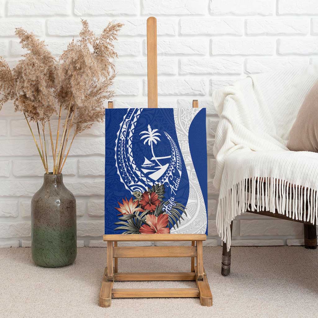 Blue Guam Hafa Adai Canvas Wall Art Tropical Flowers with Polynesian Pattern
