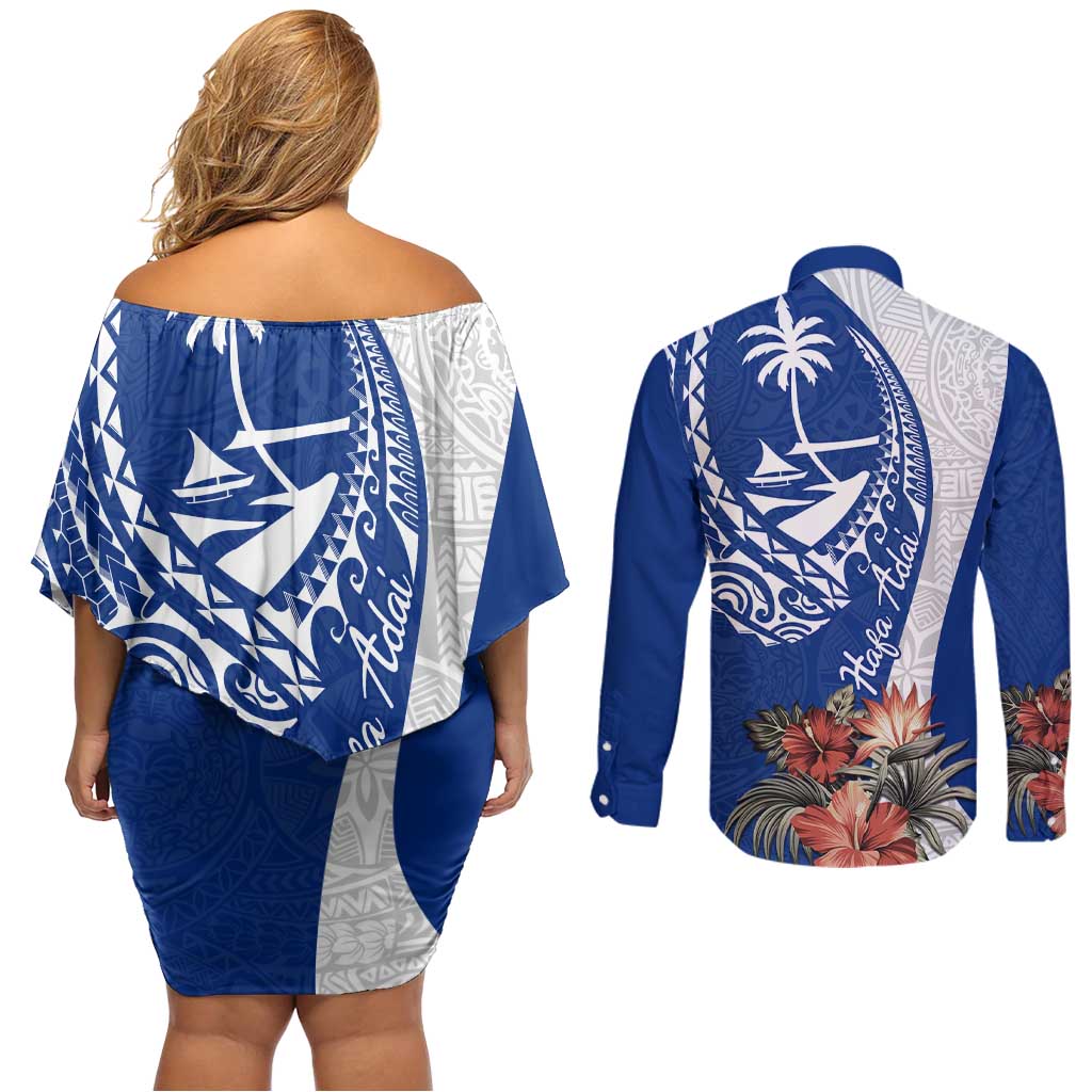 Blue Guam Hafa Adai Couples Matching Off Shoulder Short Dress and Long Sleeve Button Shirt Tropical Flowers with Polynesian Pattern