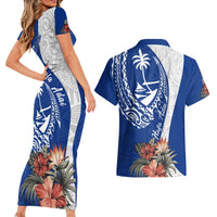 Blue Guam Hafa Adai Couples Matching Short Sleeve Bodycon Dress and Hawaiian Shirt Tropical Flowers with Polynesian Pattern