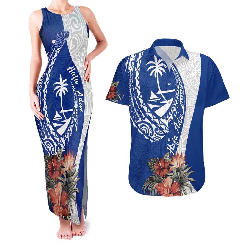 Blue Guam Hafa Adai Couples Matching Tank Maxi Dress and Hawaiian Shirt Tropical Flowers with Polynesian Pattern