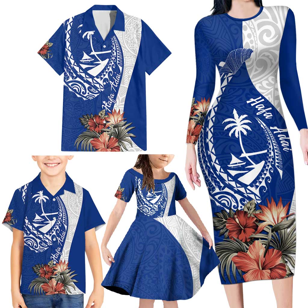 Blue Guam Hafa Adai Family Matching Long Sleeve Bodycon Dress and Hawaiian Shirt Tropical Flowers with Polynesian Pattern LT9 - Polynesian Pride