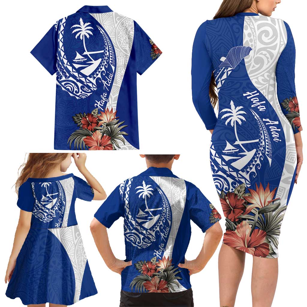 Blue Guam Hafa Adai Family Matching Long Sleeve Bodycon Dress and Hawaiian Shirt Tropical Flowers with Polynesian Pattern LT9 - Polynesian Pride