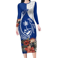 Blue Guam Hafa Adai Family Matching Long Sleeve Bodycon Dress and Hawaiian Shirt Tropical Flowers with Polynesian Pattern LT9 Mom's Dress Blue - Polynesian Pride