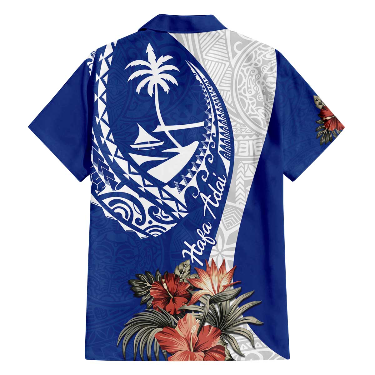 Blue Guam Hafa Adai Family Matching Off The Shoulder Long Sleeve Dress and Hawaiian Shirt Tropical Flowers with Polynesian Pattern