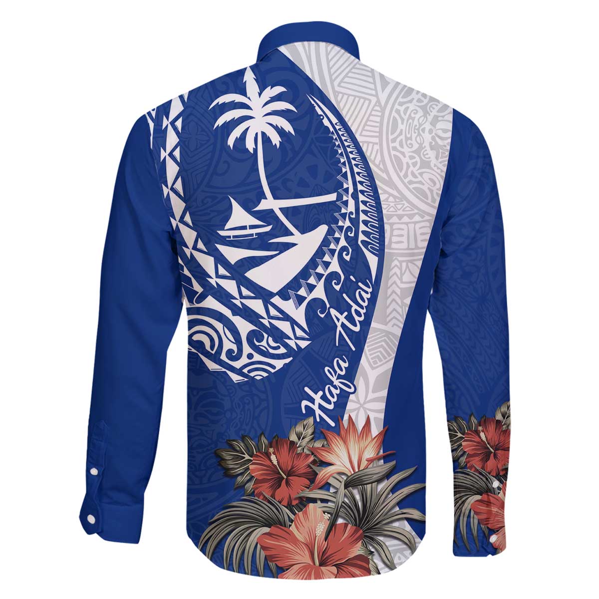 Blue Guam Hafa Adai Family Matching Off The Shoulder Long Sleeve Dress and Hawaiian Shirt Tropical Flowers with Polynesian Pattern