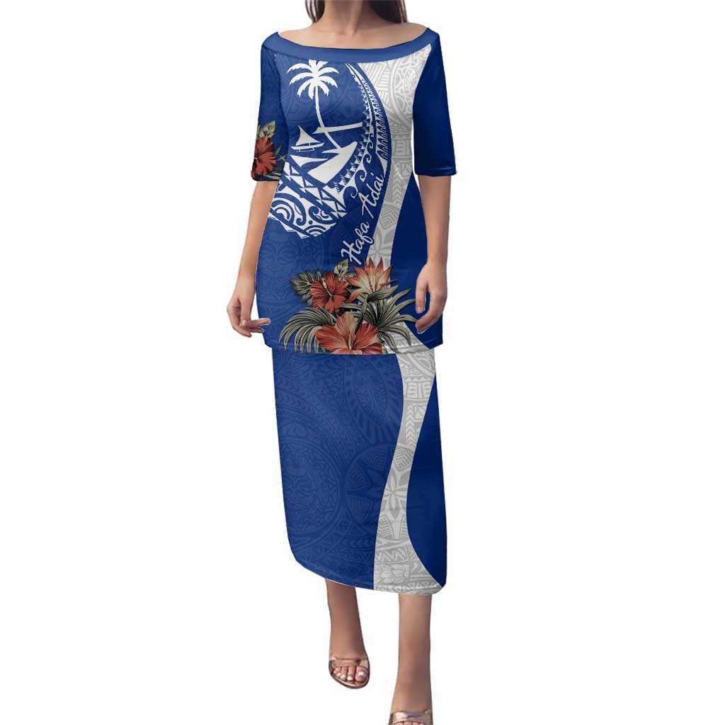 Blue Guam Hafa Adai Family Matching Puletasi and Hawaiian Shirt Tropical Flowers with Polynesian Pattern