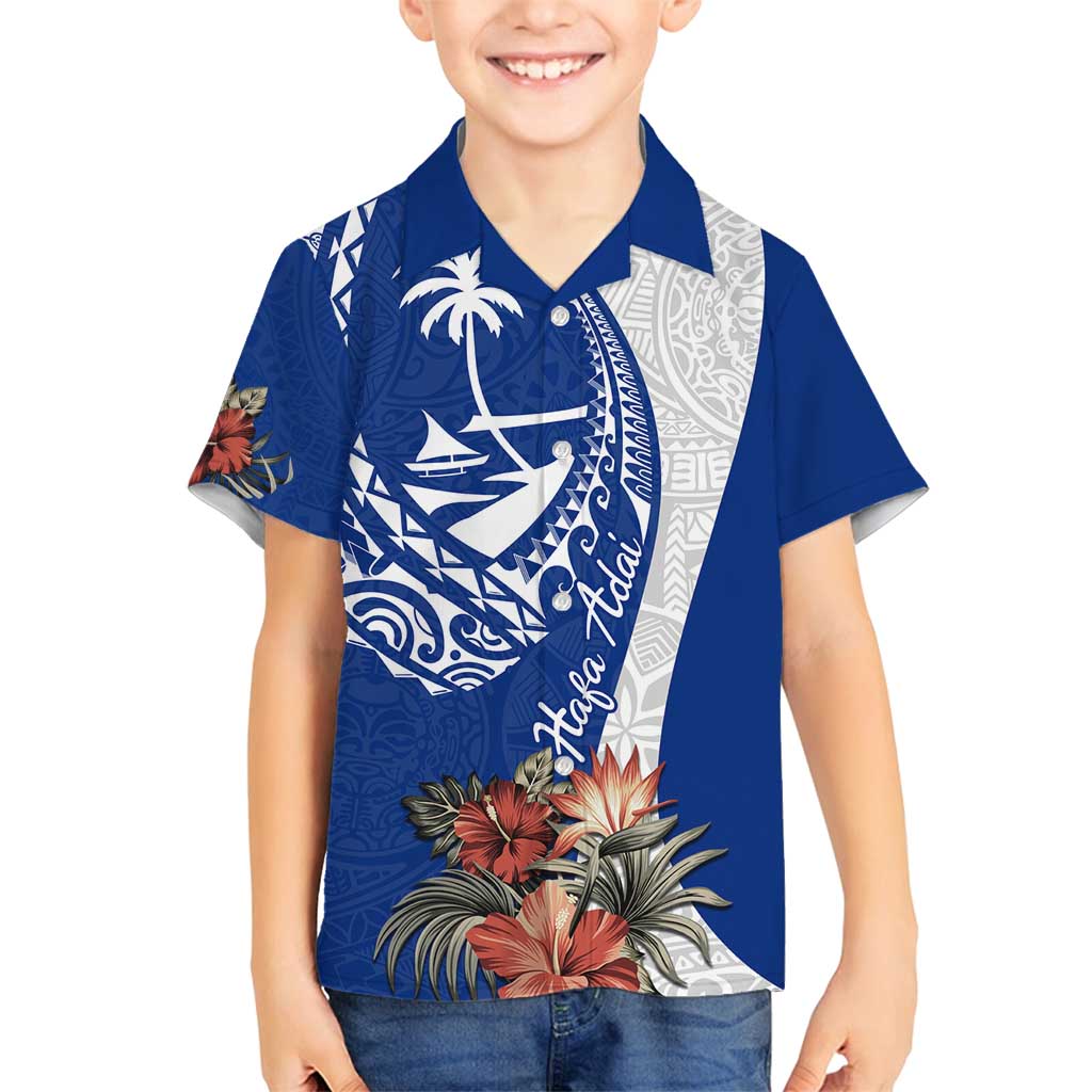 Blue Guam Hafa Adai Family Matching Puletasi and Hawaiian Shirt Tropical Flowers with Polynesian Pattern