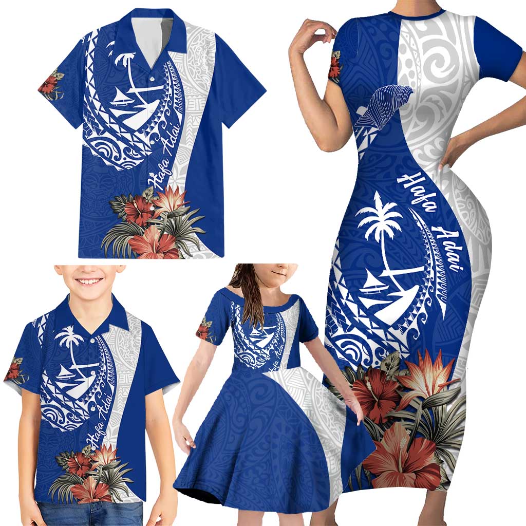 Blue Guam Hafa Adai Family Matching Short Sleeve Bodycon Dress and Hawaiian Shirt Tropical Flowers with Polynesian Pattern