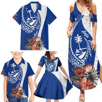 Blue Guam Hafa Adai Family Matching Summer Maxi Dress and Hawaiian Shirt Tropical Flowers with Polynesian Pattern