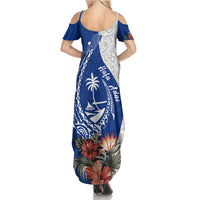 Blue Guam Hafa Adai Family Matching Summer Maxi Dress and Hawaiian Shirt Tropical Flowers with Polynesian Pattern