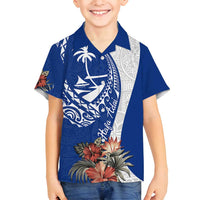 Blue Guam Hafa Adai Family Matching Summer Maxi Dress and Hawaiian Shirt Tropical Flowers with Polynesian Pattern