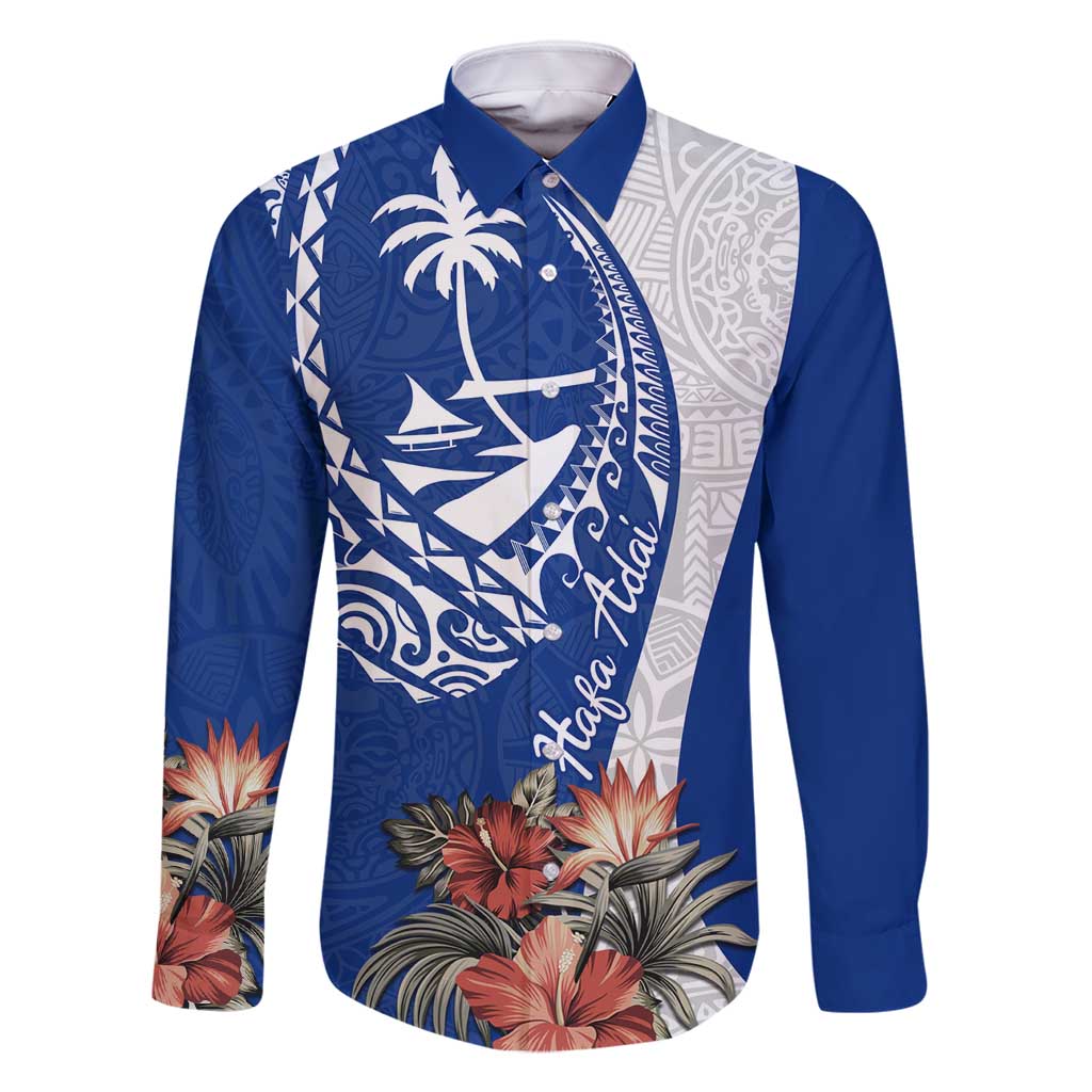 Blue Guam Hafa Adai Family Matching Tank Maxi Dress and Hawaiian Shirt Tropical Flowers with Polynesian Pattern