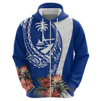 Blue Guam Hafa Adai Hoodie Tropical Flowers with Polynesian Pattern