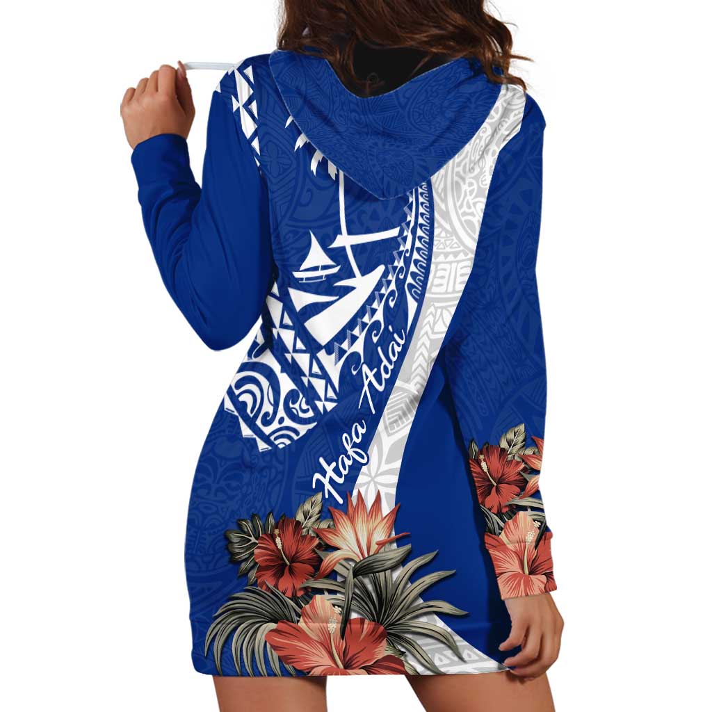 Blue Guam Hafa Adai Hoodie Dress Tropical Flowers with Polynesian Pattern