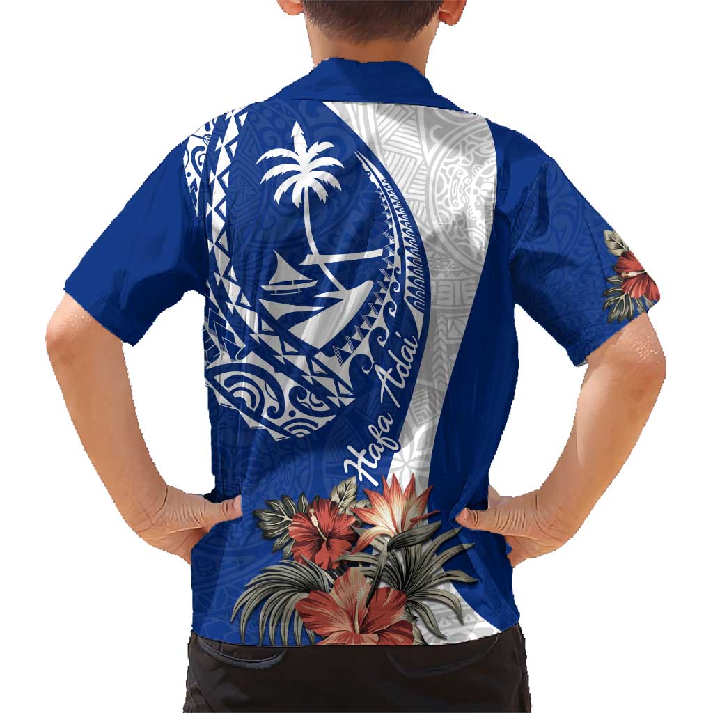 Blue Guam Hafa Adai Kid Hawaiian Shirt Tropical Flowers with Polynesian Pattern