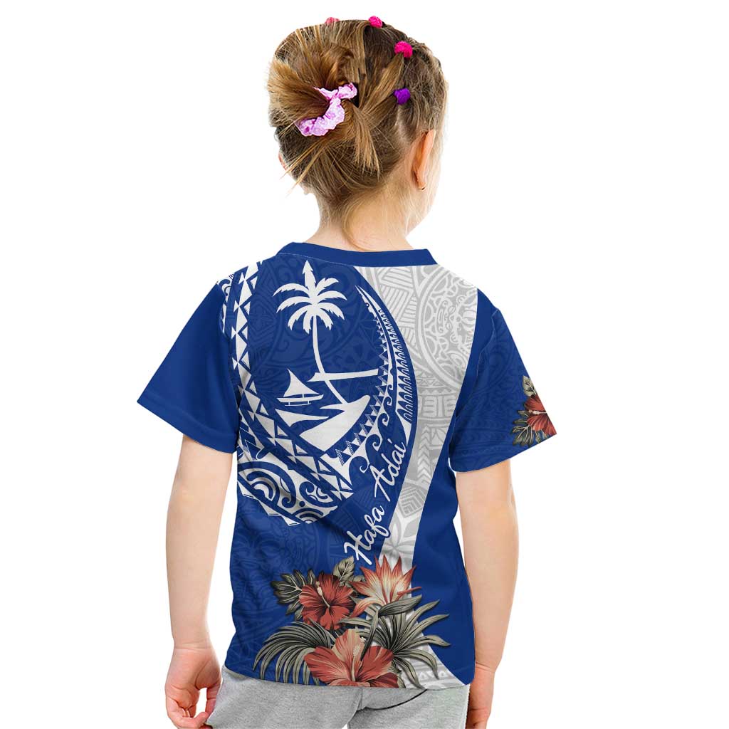 Blue Guam Hafa Adai Kid T Shirt Tropical Flowers with Polynesian Pattern