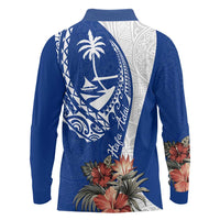 Blue Guam Hafa Adai Long Sleeve Polo Shirt Tropical Flowers with Polynesian Pattern
