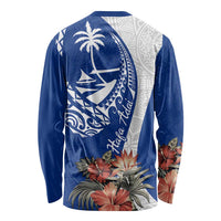 Blue Guam Hafa Adai Long Sleeve Shirt Tropical Flowers with Polynesian Pattern