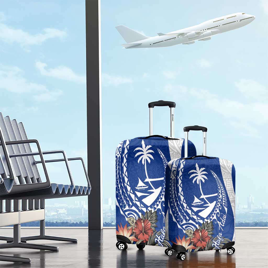 Blue Guam Hafa Adai Luggage Cover Tropical Flowers with Polynesian Pattern