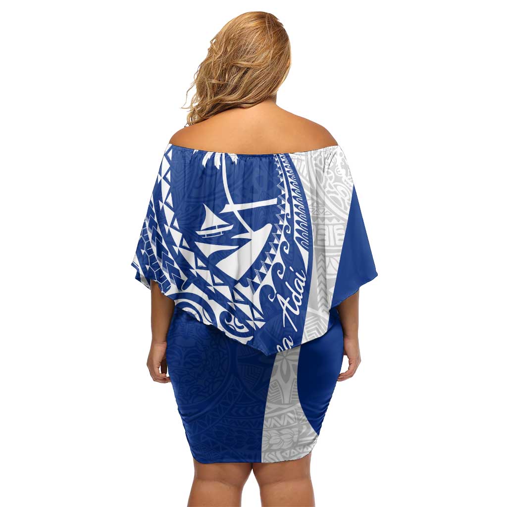 Blue Guam Hafa Adai Off Shoulder Short Dress Tropical Flowers with Polynesian Pattern