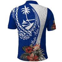 Blue Guam Hafa Adai Polo Shirt Tropical Flowers with Polynesian Pattern