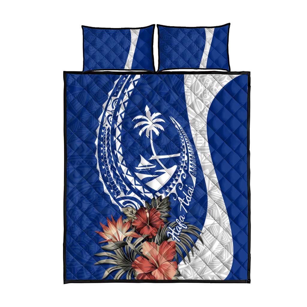 Blue Guam Hafa Adai Quilt Bed Set Tropical Flowers with Polynesian Pattern
