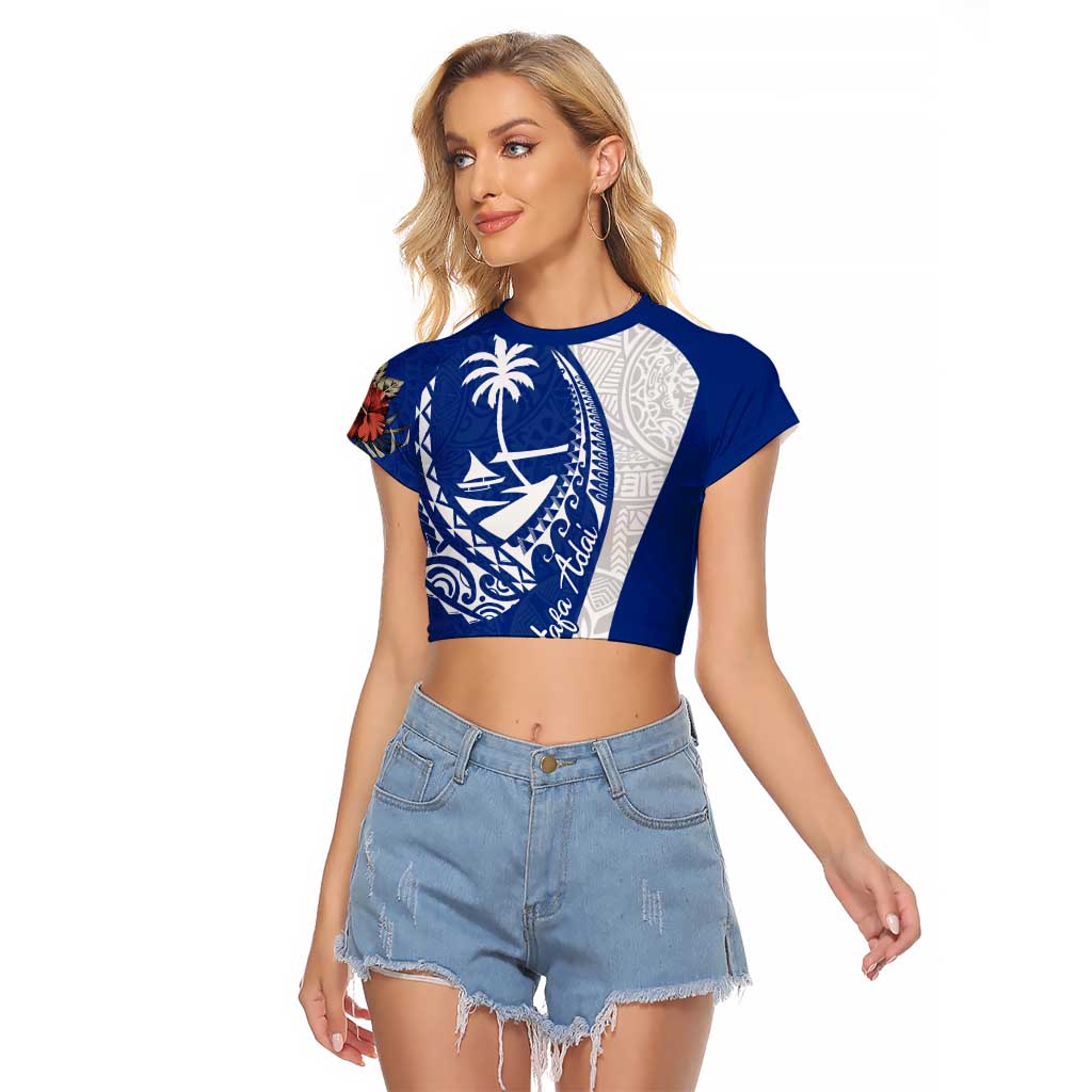 Blue Guam Hafa Adai Raglan Cropped T Shirt Tropical Flowers with Polynesian Pattern
