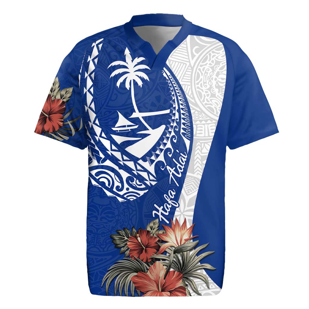 Blue Guam Hafa Adai Rugby Jersey Tropical Flowers with Polynesian Pattern