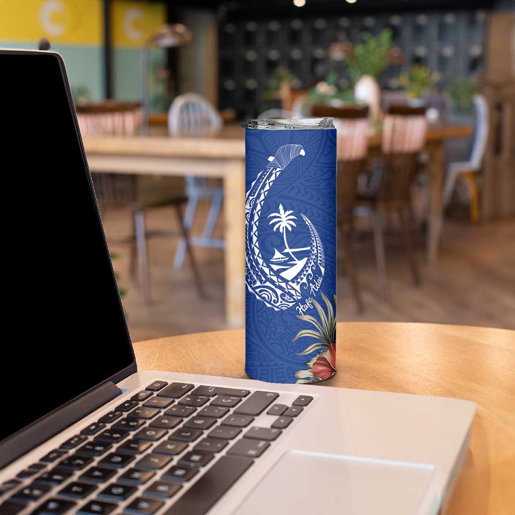 Blue Guam Hafa Adai Skinny Tumbler Tropical Flowers with Polynesian Pattern