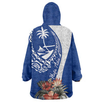 Blue Guam Hafa Adai Wearable Blanket Hoodie Tropical Flowers with Polynesian Pattern