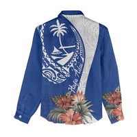 Blue Guam Hafa Adai Women Casual Shirt Tropical Flowers with Polynesian Pattern