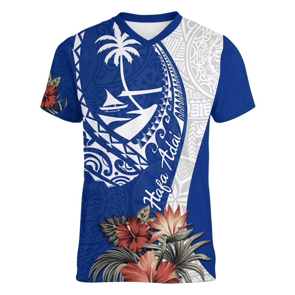 Blue Guam Hafa Adai Women V-Neck T-Shirt Tropical Flowers with Polynesian Pattern