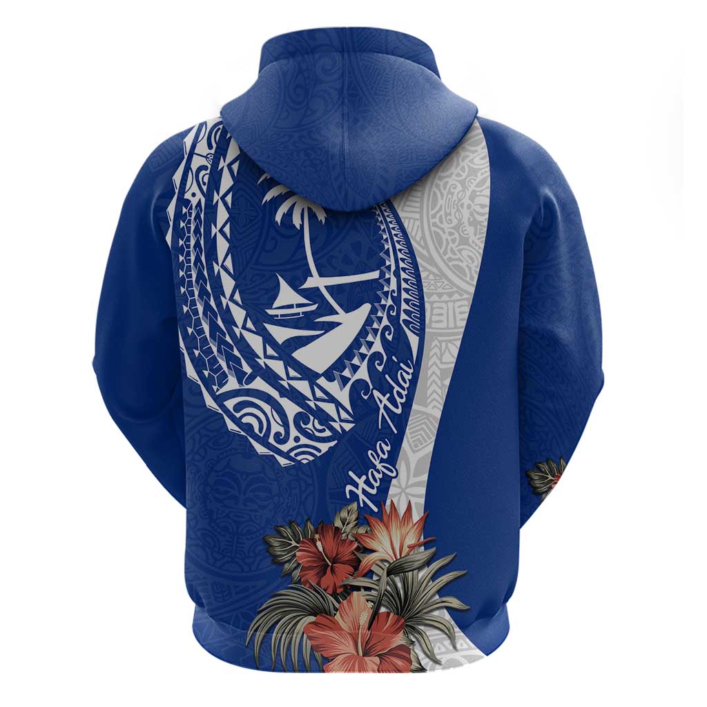 Blue Guam Hafa Adai Zip Hoodie Tropical Flowers with Polynesian Pattern