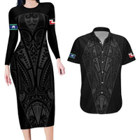 Queensland Maori Rugby Nga Hau e Wha Couples Matching Long Sleeve Bodycon Dress and Hawaiian Shirt Black Motif LT9 Black - Polynesian Pride