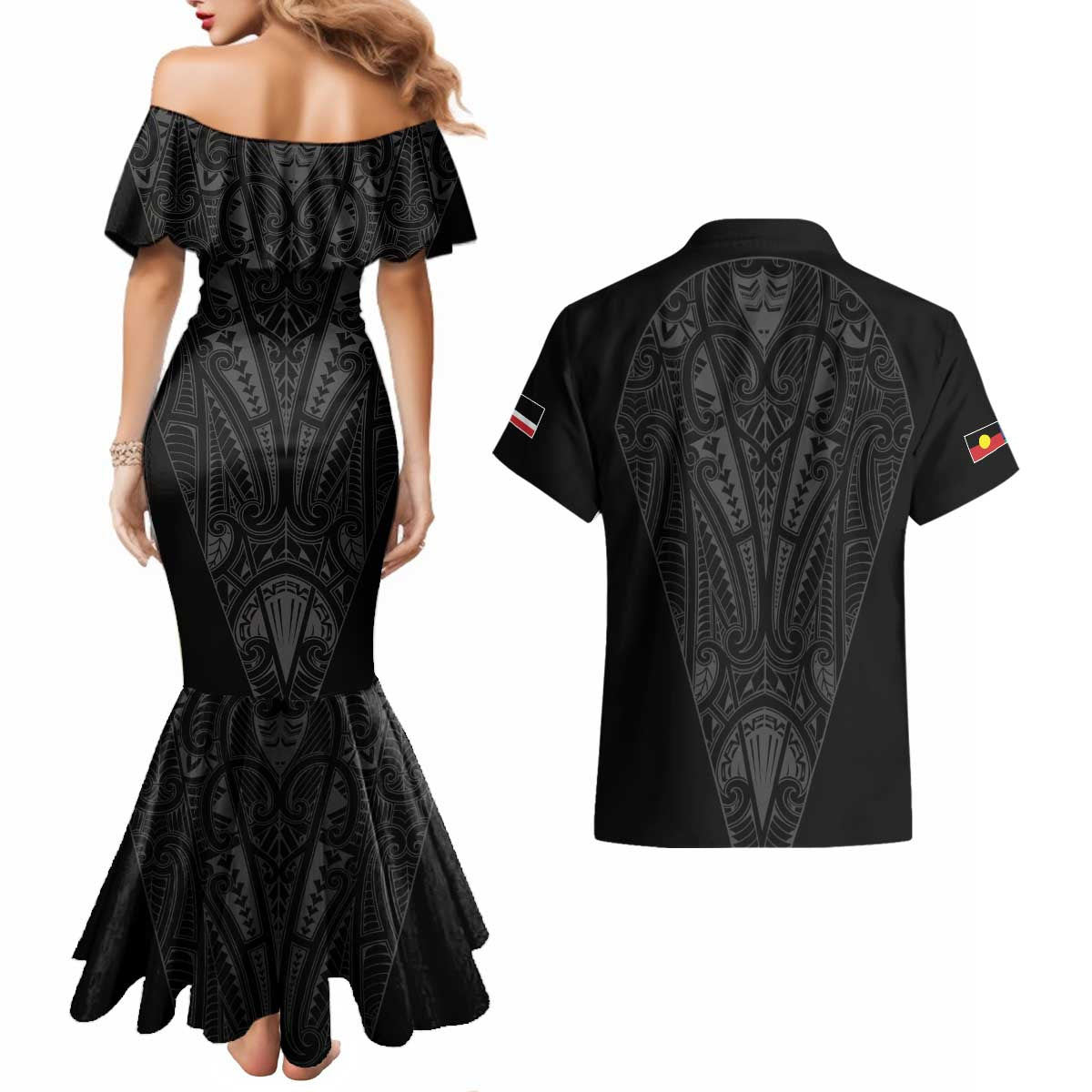 Queensland Maori Rugby Nga Hau e Wha Couples Matching Mermaid Dress and Hawaiian Shirt Black Motif LT9 - Polynesian Pride