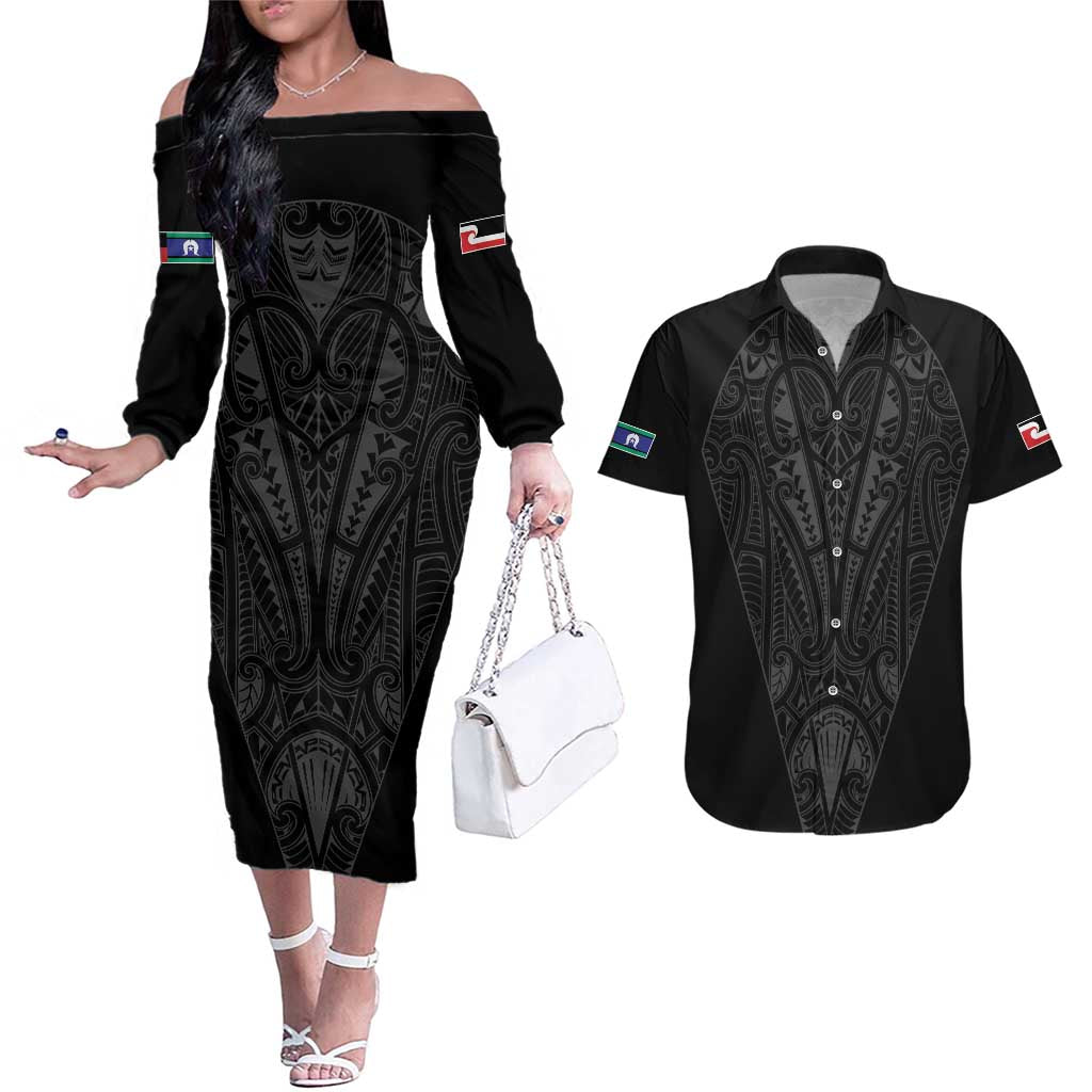 Queensland Maori Rugby Nga Hau e Wha Couples Matching Off The Shoulder Long Sleeve Dress and Hawaiian Shirt Black Motif