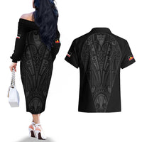 Queensland Maori Rugby Nga Hau e Wha Couples Matching Off The Shoulder Long Sleeve Dress and Hawaiian Shirt Black Motif LT9 - Polynesian Pride