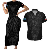 Queensland Maori Rugby Nga Hau e Wha Couples Matching Short Sleeve Bodycon Dress and Hawaiian Shirt Black Motif LT9 Black - Polynesian Pride