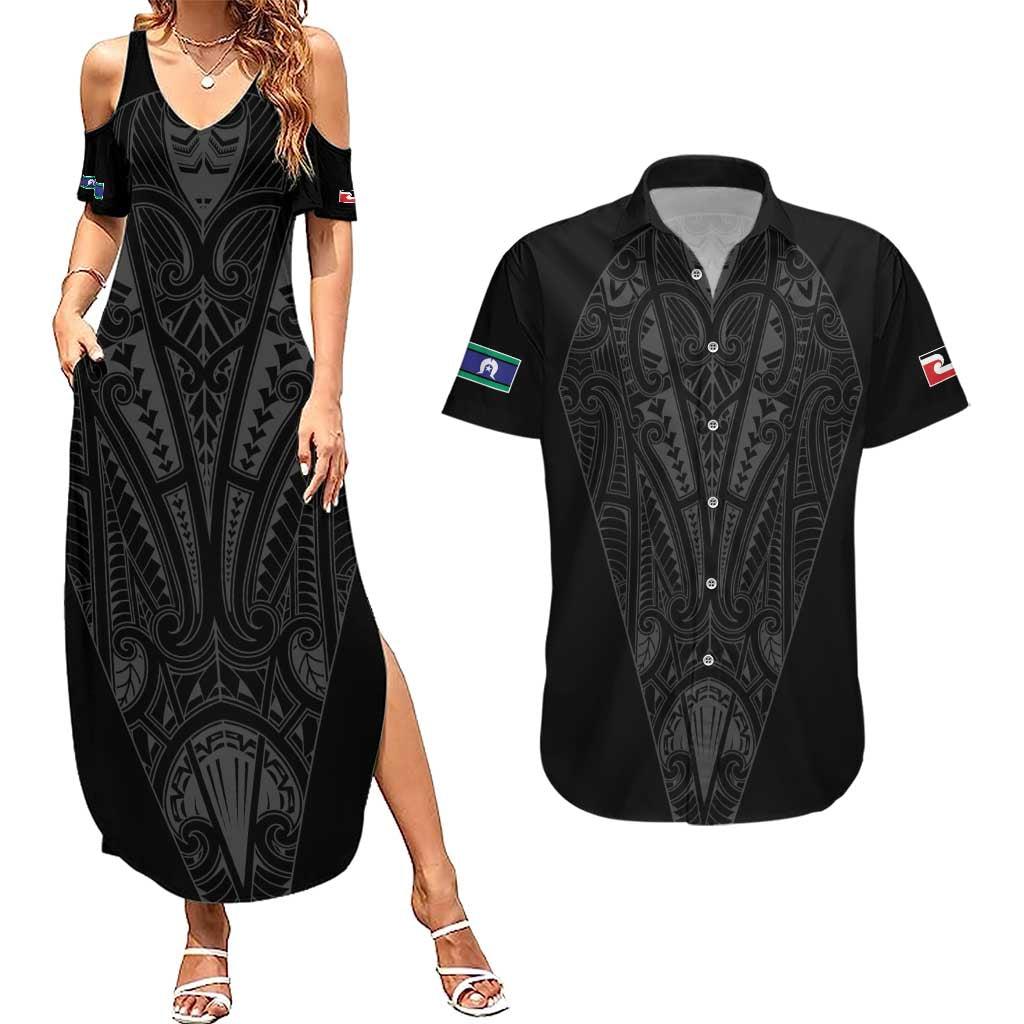 Queensland Maori Rugby Nga Hau e Wha Couples Matching Summer Maxi Dress and Hawaiian Shirt Black Motif LT9 Black - Polynesian Pride