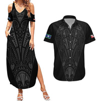 Queensland Maori Rugby Nga Hau e Wha Couples Matching Summer Maxi Dress and Hawaiian Shirt Black Motif LT9 Black - Polynesian Pride