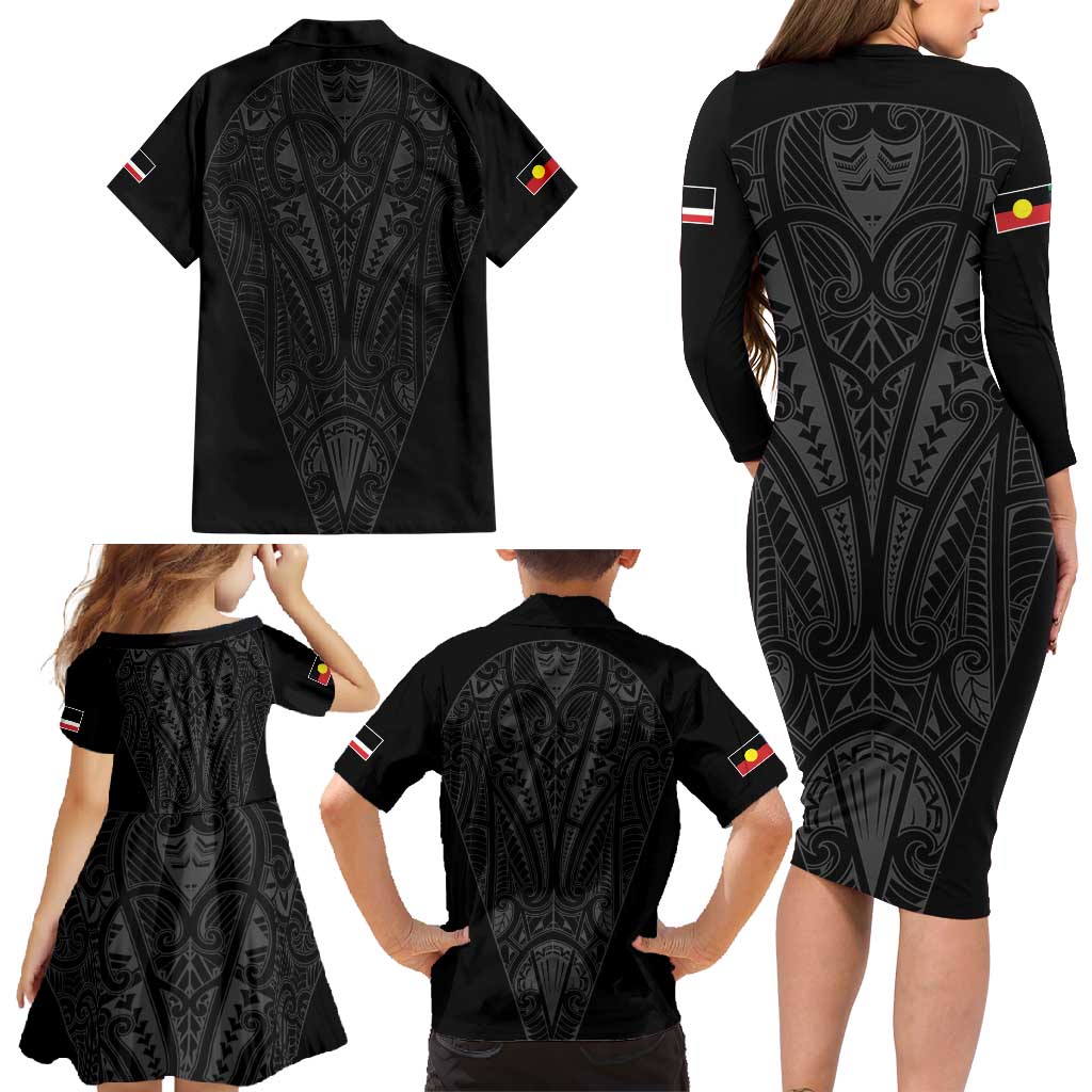 Queensland Maori Rugby Nga Hau e Wha Family Matching Long Sleeve Bodycon Dress and Hawaiian Shirt Black Motif LT9 - Polynesian Pride