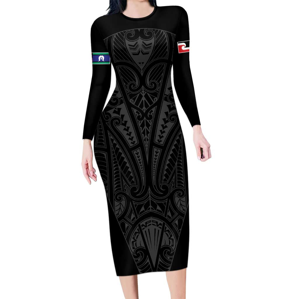 Queensland Maori Rugby Nga Hau e Wha Family Matching Long Sleeve Bodycon Dress and Hawaiian Shirt Black Motif LT9 Mom's Dress Black - Polynesian Pride