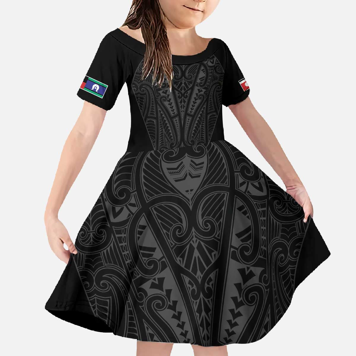 Queensland Maori Rugby Nga Hau e Wha Family Matching Off The Shoulder Long Sleeve Dress and Hawaiian Shirt Black Motif LT9 Daughter's Dress Black - Polynesian Pride